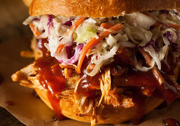 Homemade Pulled Chicken Sandwich with Coleslaw and Fries