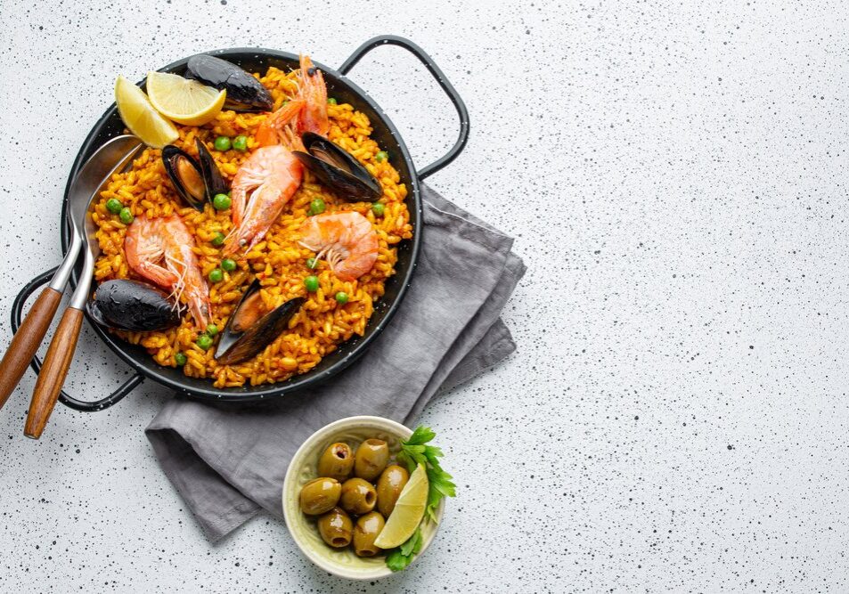 Classic,Dish,Of,Spain,,Seafood,Paella,In,Traditional,Pan,On