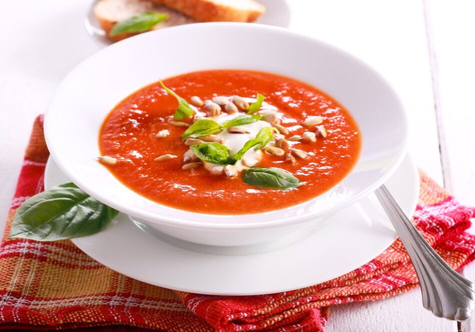 Roast,Pepper,And,Tomato,Soup,With,Seeds,,Ricotta,And,Basil